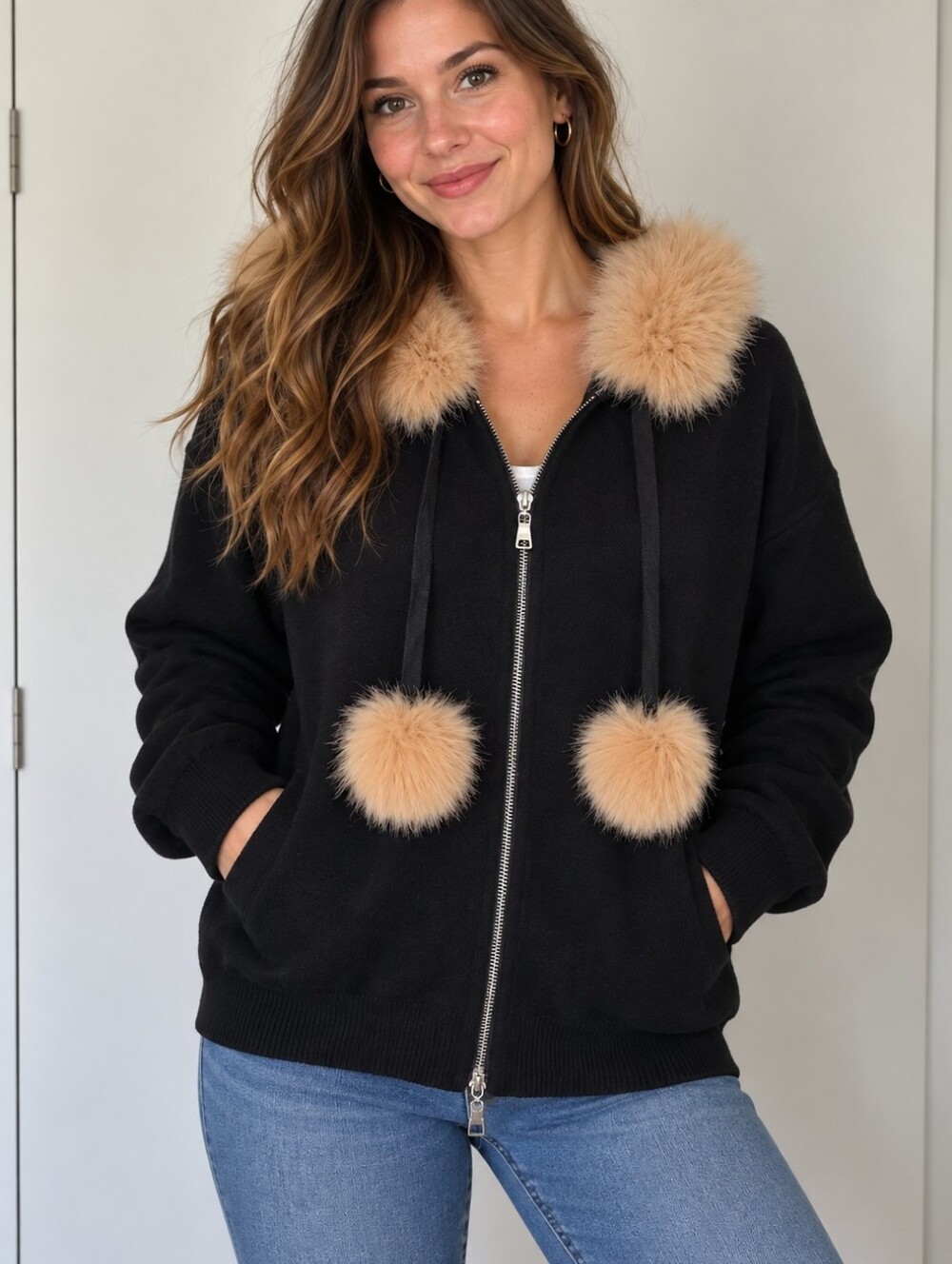 Black Women's Zip-Up Jacket with Detachable Fur Trim